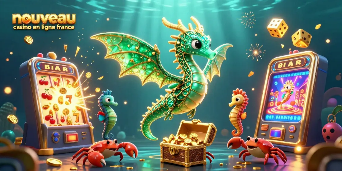 Un aquarium animé présente un dragon de mer émeraude et un coffre au trésor pour le nouveau casino en ligne France.
