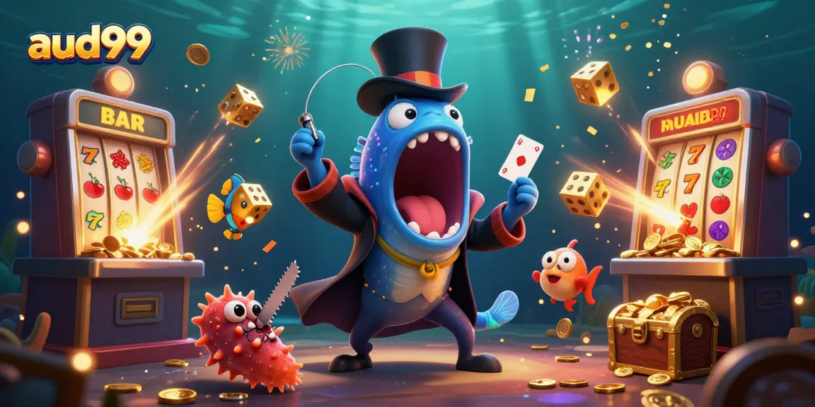 Experience casino thrills with aud99-themed underwater characters in a vibrant illustration.