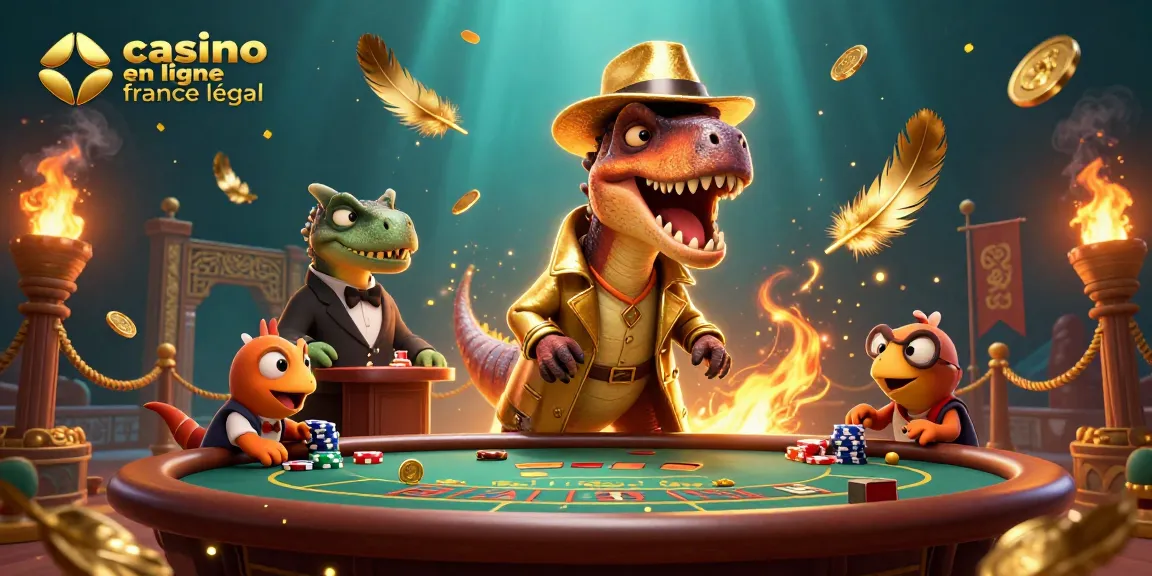 Animation d'un velociraptor aux cartes à un blackjack, incitant sur le casino en ligne légal en France.