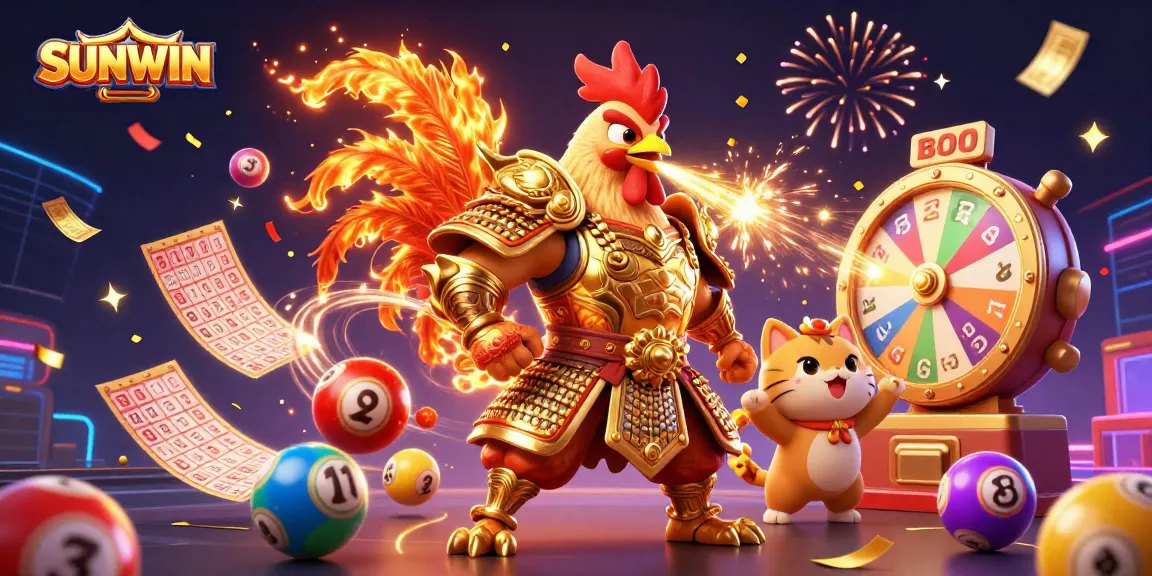SUNWIN presents an exciting 3D cartoon scene of a rooster warrior and dragon hatchling celebrating casino wins.