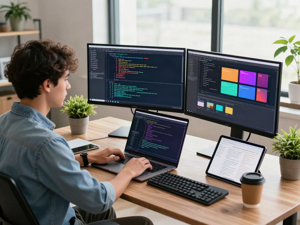 Download Pikashow Apk on a stylish workspace with a programmer in focus, showcasing a vibrant coding environment.
