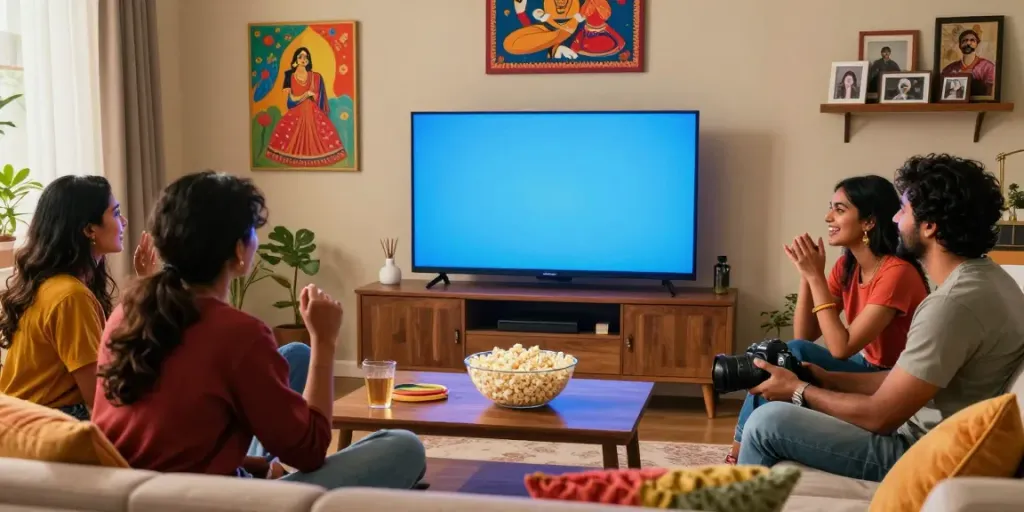 Friends enjoying uncutmaza viewing experience in cozy living room.
