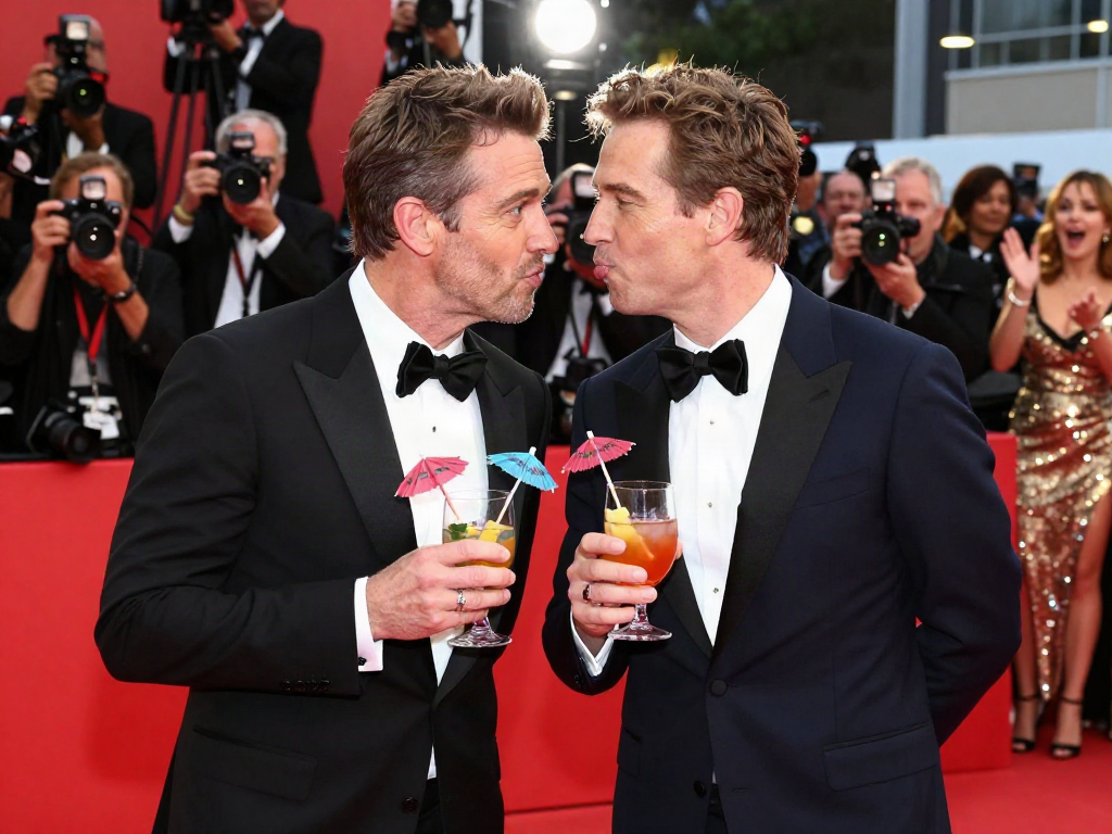 Two celebrities that look alike playfully mimicking each other at a red carpet event, capturing the glamour of celebrity culture.
