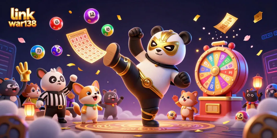 Engage in thrilling games with link war138, featuring a vibrant 3D panda wrestler kicking amidst colorful lottery elements.