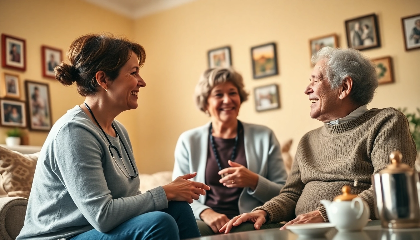 Caregiver provides social care for seniors at home, fostering connection and comfort.