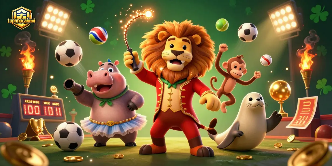 Experience thrilling sports betting action with topnhacaimoi in this vibrant 3D illustration featuring circus characters.