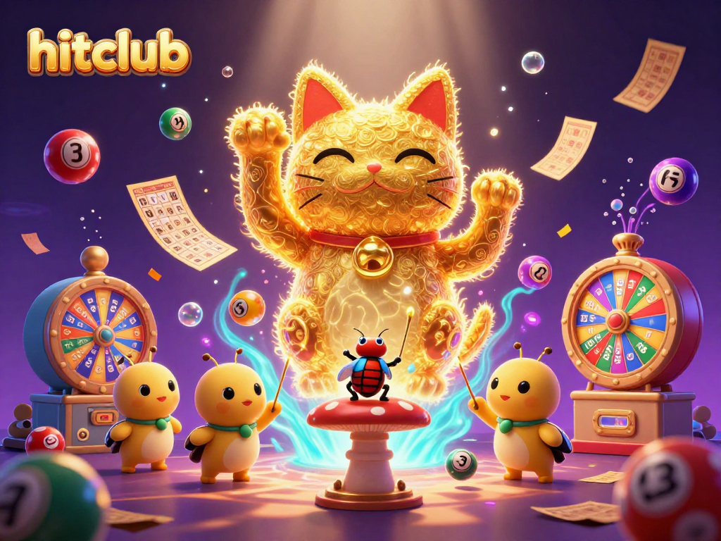 Engage with hitclub's dynamic lottery scene featuring a waving lucky cat and vibrant casino elements.