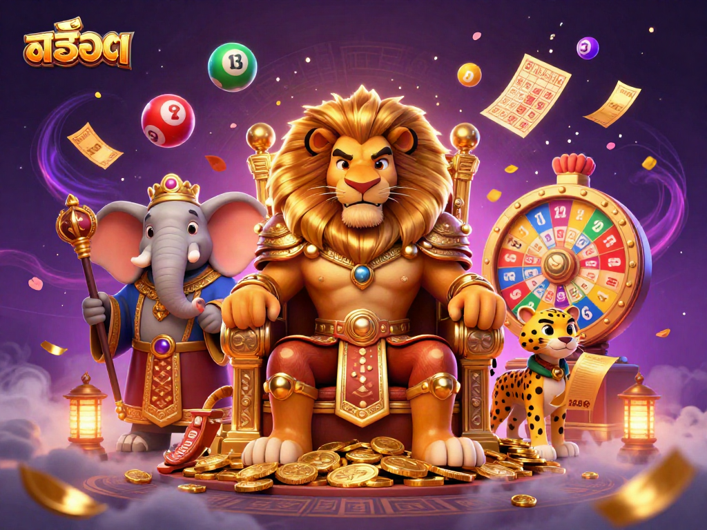 Spin the reels of สล็อต with a regal lion king and vibrant game elements surrounding a throne.
