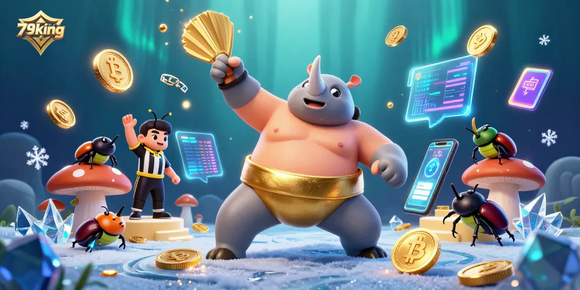 Experience the thrilling action of 79king with a dynamic 3D scene featuring a sumo beetle champion and crypto elements.