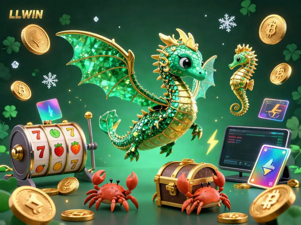 Engage with LLWIN's vibrant casino offerings showcased by a majestic sea dragon and lively gaming elements.