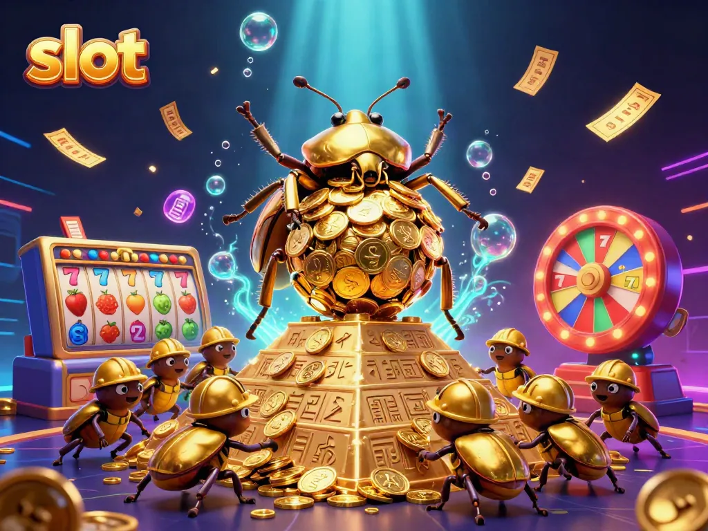 Mendapatkan jackpot dengan mesin slot berwarna-warni dan karakter kutu emas yang menggelindingkan koin