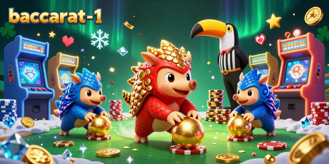 Engage in baccarat-1 with a vibrant scene of pangolins and casino elements amidst golden confetti