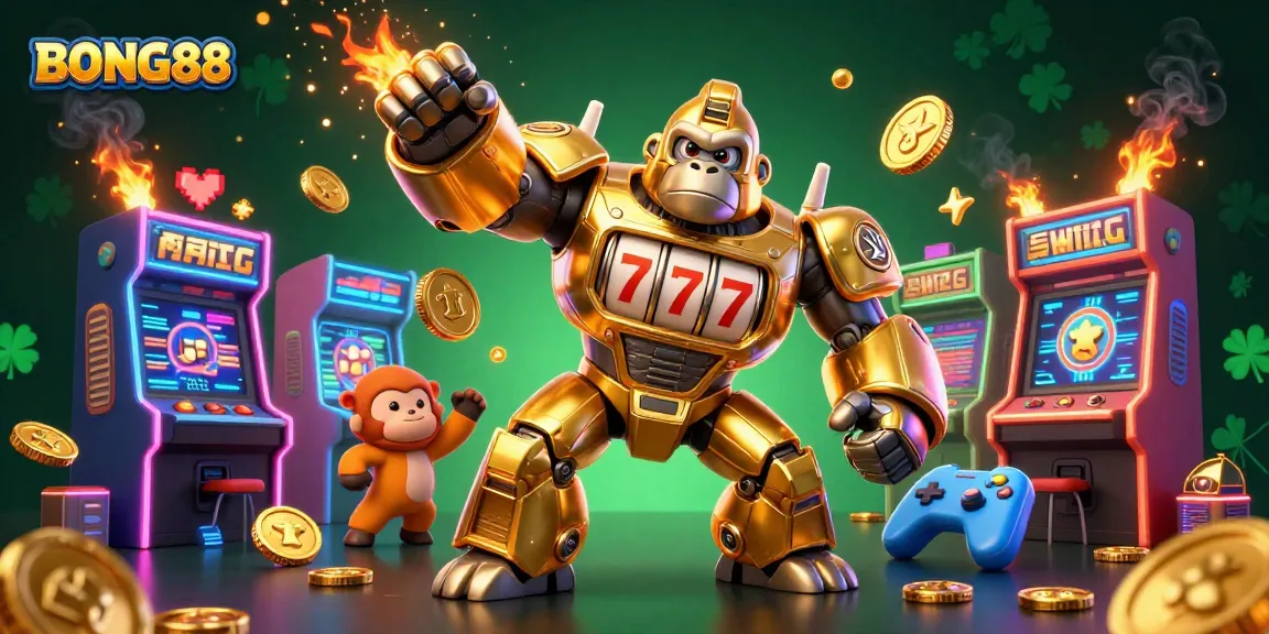 BONG88 features a golden gorilla mech celebrating with exploding coins amidst vibrant casino scenes.