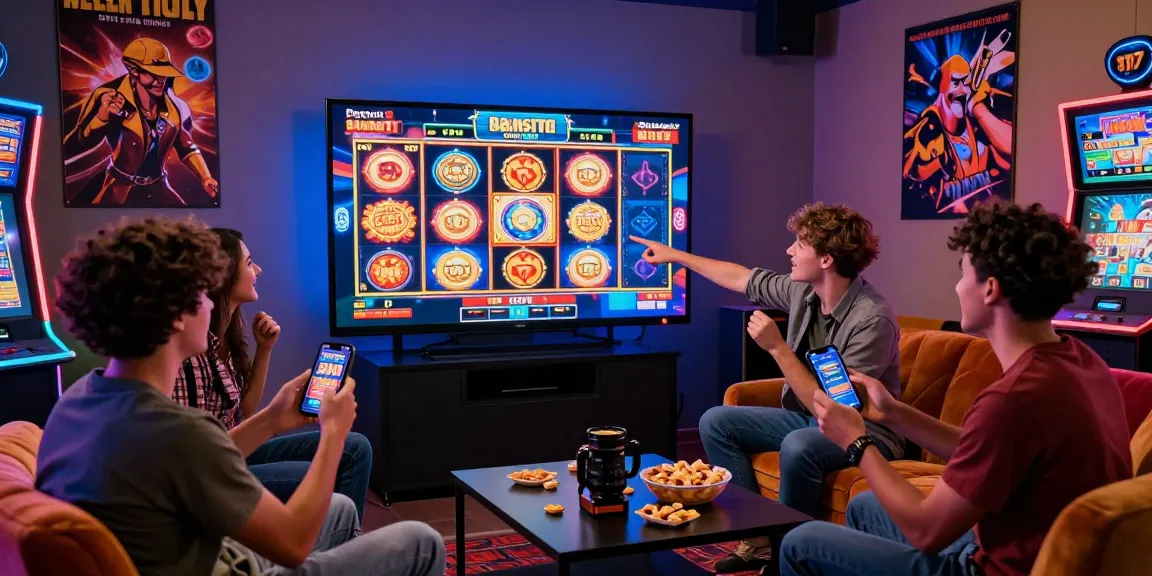 Friends enjoying an online gaming session, tracking slot Deposit 5000 bets with vibrant lights and energetic atmosphere.