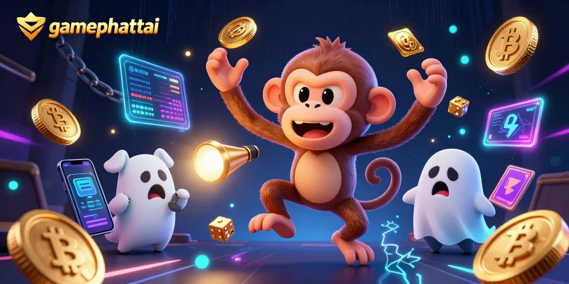 gamephattai offers an exciting scene with a mischievous monkey and ghost-hunter puppy in an energetic casino.