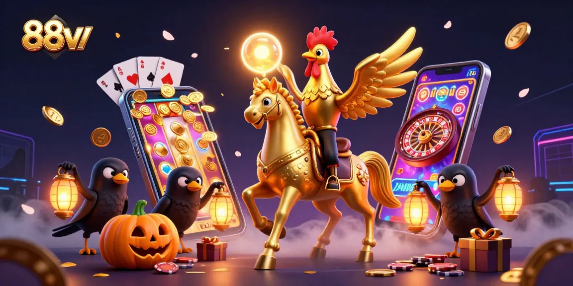 Engage with 88vv's vibrant casino scene showcasing a golden rooster and mystical elements.