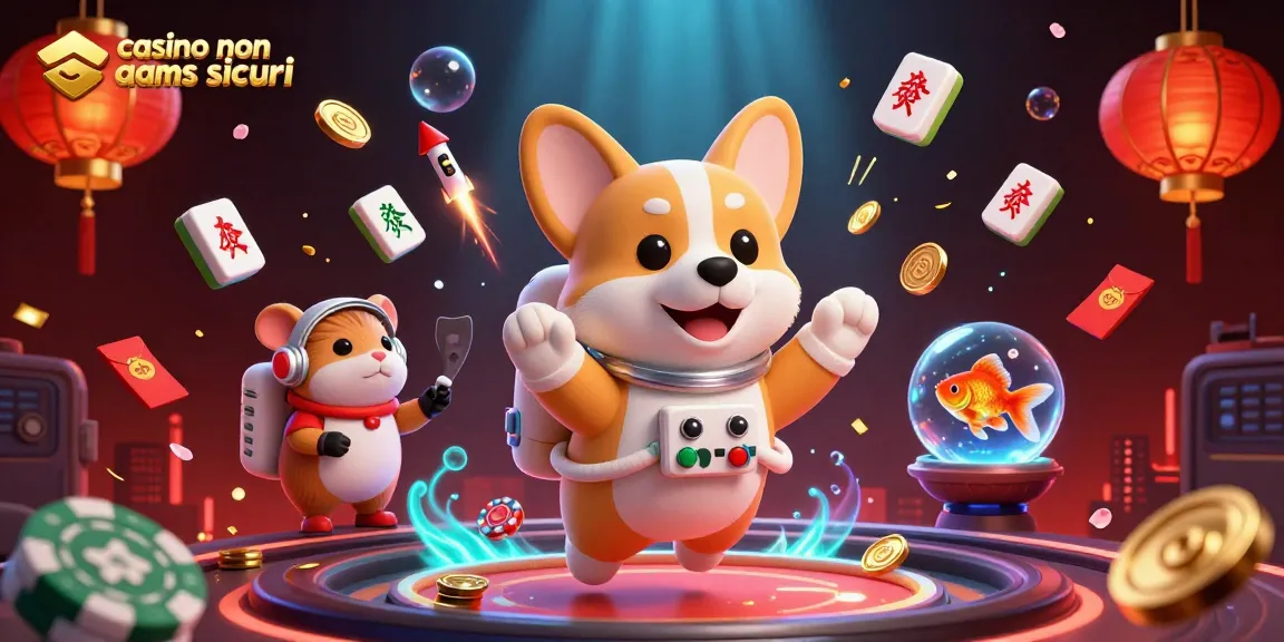 Esplora i migliori “casino non aams sicuri”, con un corgi astronauta che fluttua nel casinò spaziale, circondato da ricchi simboli e monete dorate.