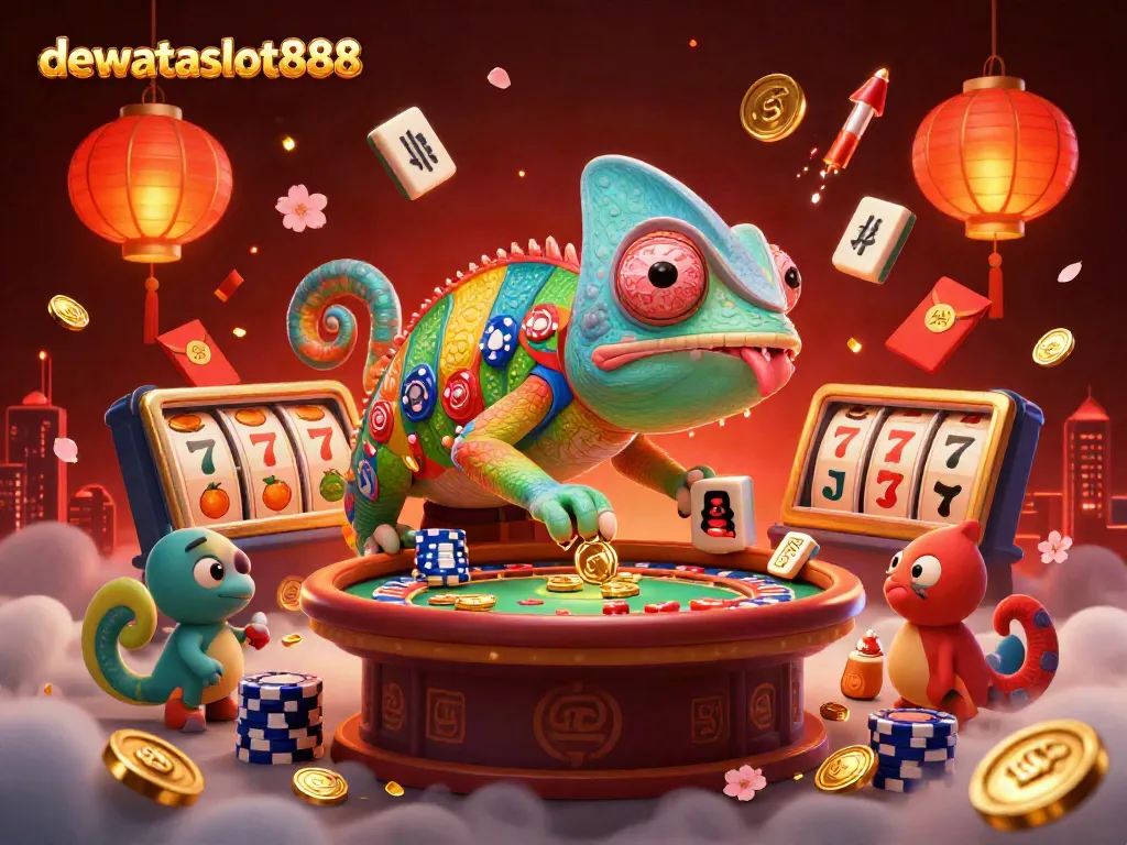 Dewataslot888 menampilkan chameleon kasino besar yang mengumpulkan koin emas dan simbol keberuntungan.