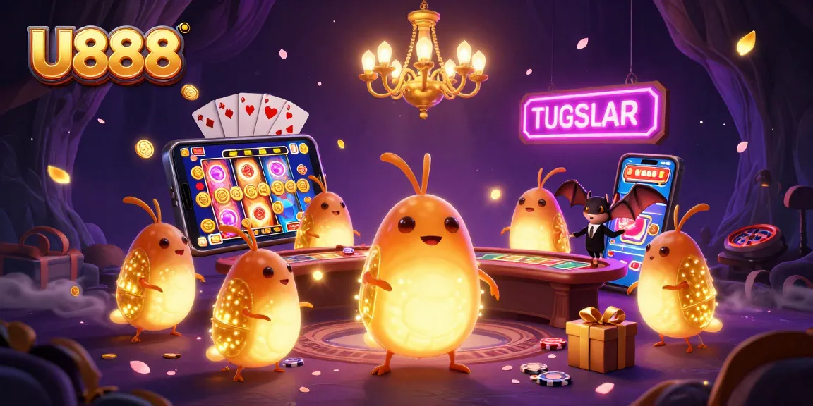 Engage in thrilling gameplay with U888's vibrant 3D casino illustration featuring glowworms and a bat dealer.