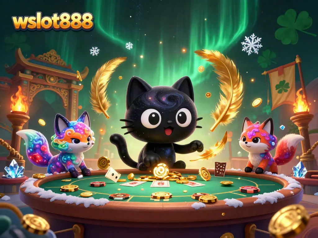 Gambarlah kucing hitam lubang hitam dengan pola galaksi di meja kasino wslot888, mengumpulkan chip emas.