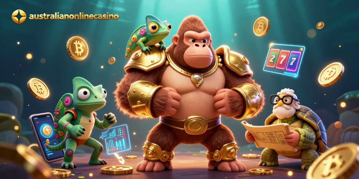 Engage with the world of australianonlinecasino in this vibrant 3D scene featuring a gorilla, chameleon, and tortoise among gambling icons.