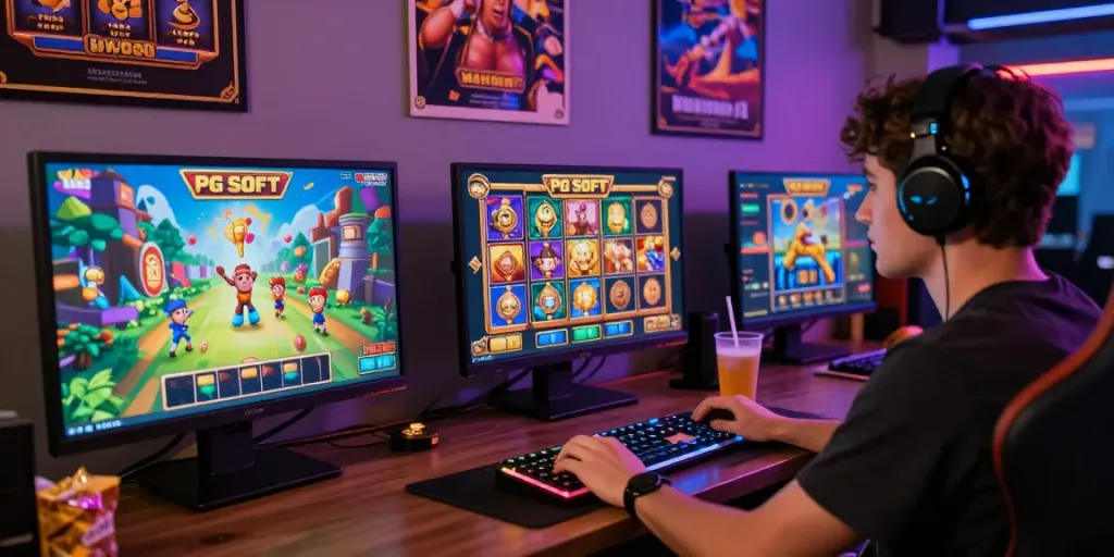 Engaged player enjoying a slot gacor game on a vibrant gaming setup.