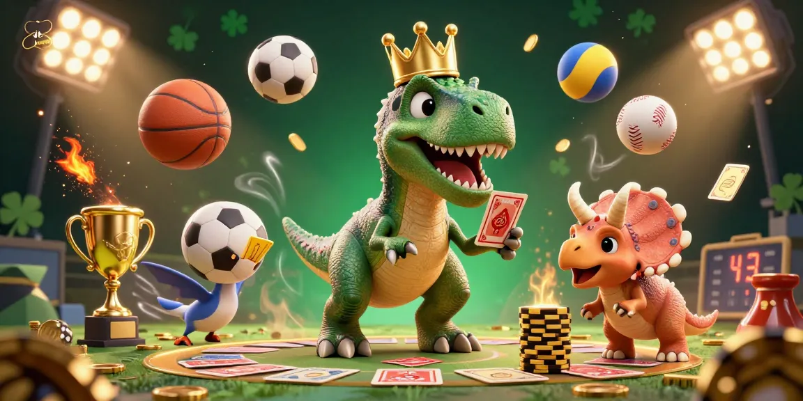 Engage in thrilling gameplay with the romance-search team's casino illustration showcasing characters like a T-Rex and pterodactyl amidst dynamic sports elements.
