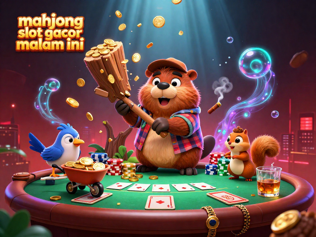 Spin the mahjong slot gacor malam ini with a lively beaver and vibrant casino elements.