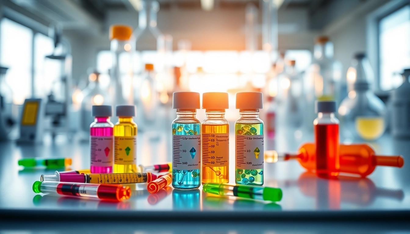 Research peptides displayed prominently in a lab setting highlighting their vibrant colors.