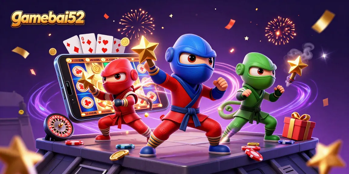 Experience thrilling moments with gamebai52 as ninja chameleons celebrate big wins in a vibrant casino scene.