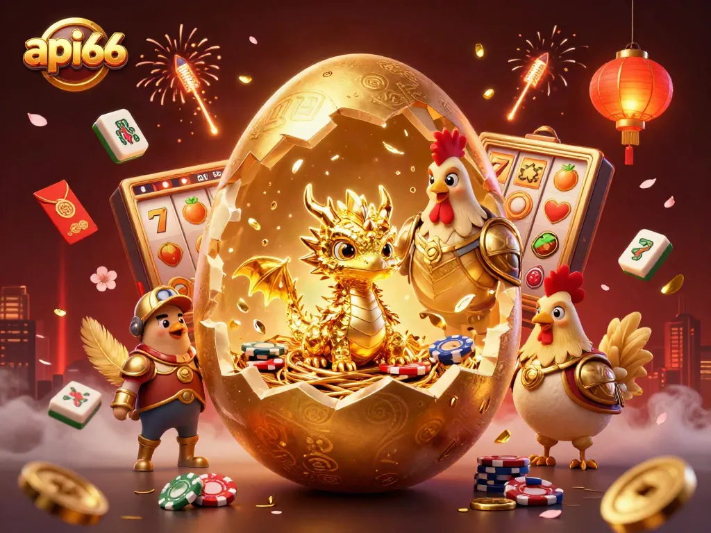 Engage in thrilling gameplay at api66 with a baby dragon on poker chips amid vibrant casino elements.