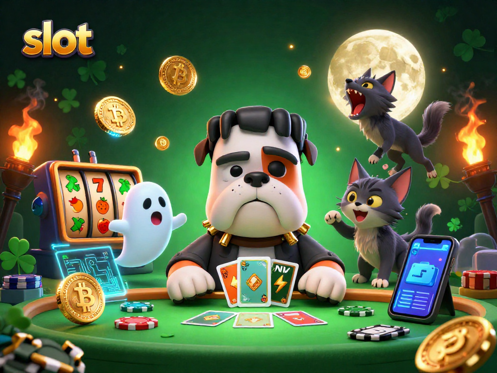 Experience thrilling slot gameplay with a cartoon monster dealer and lively casino elements.