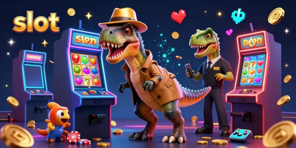 Slot dengan velociraptor dan stegosaurus di kasino yang penuh warna dan simbol keberuntungan.