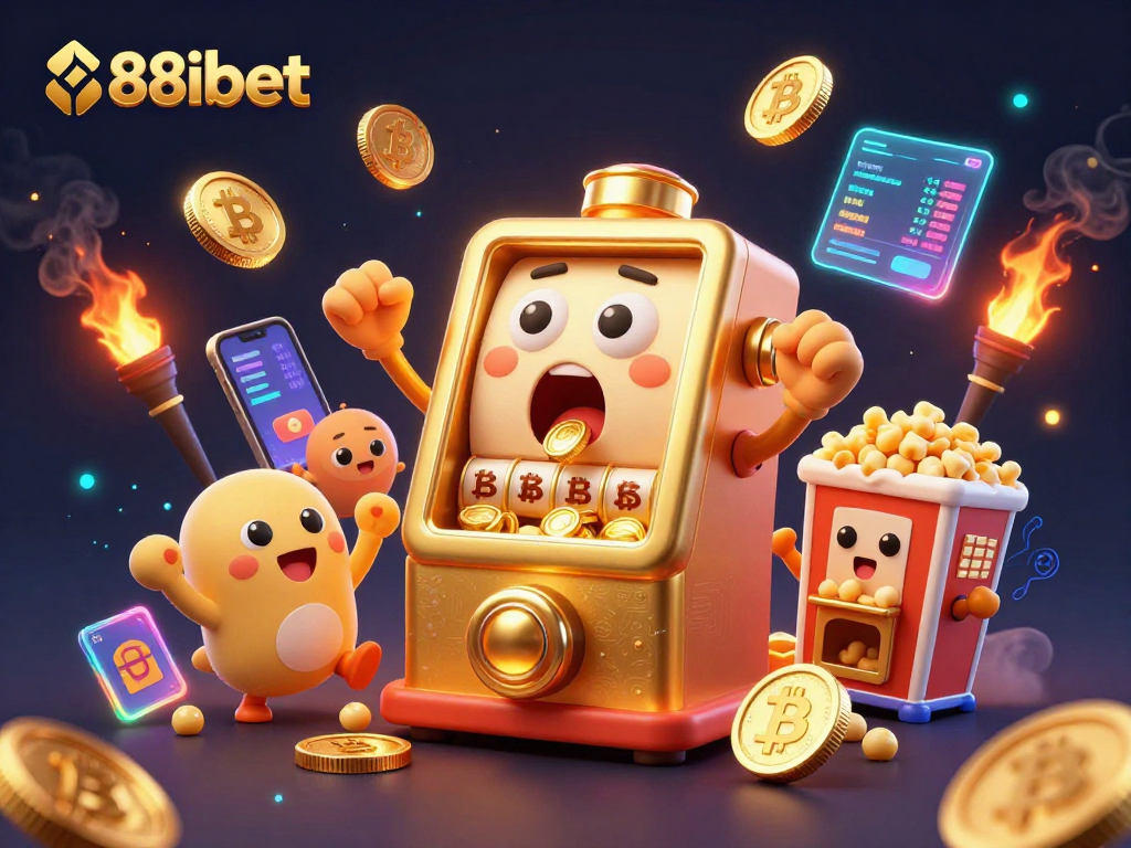 88ibet slot machine celebrates a big win with gold coins, cheering machines, and vibrant crypto elements.