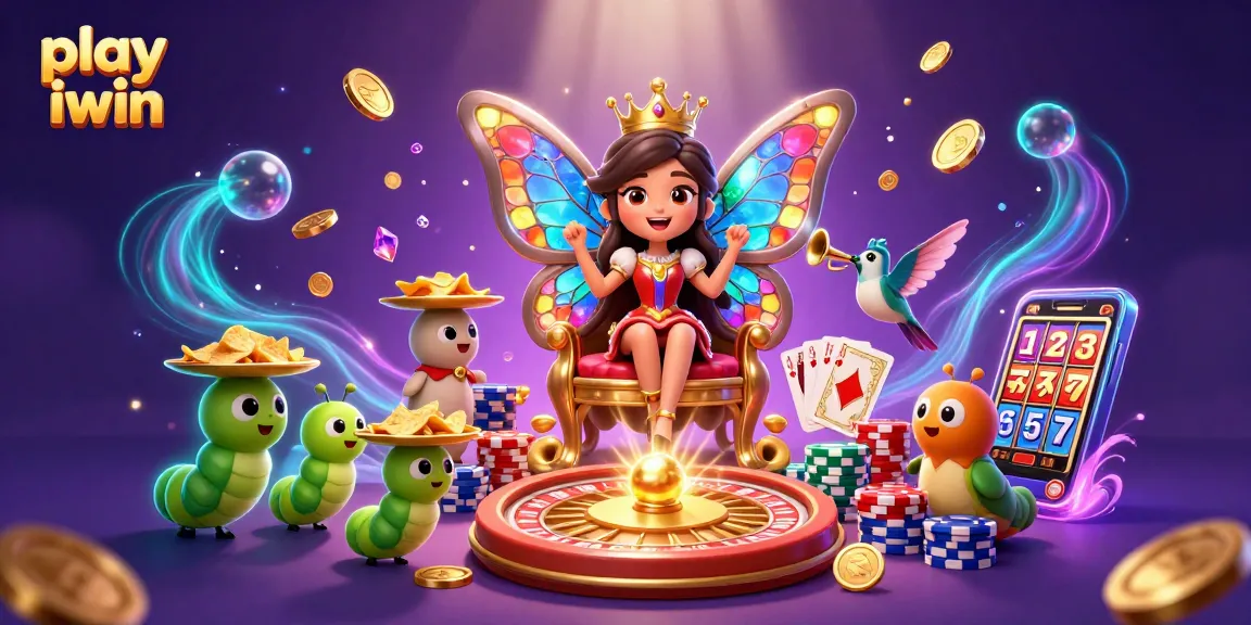 Play iwin in an enchanting casino scene featuring a butterfly queen and casino elements.