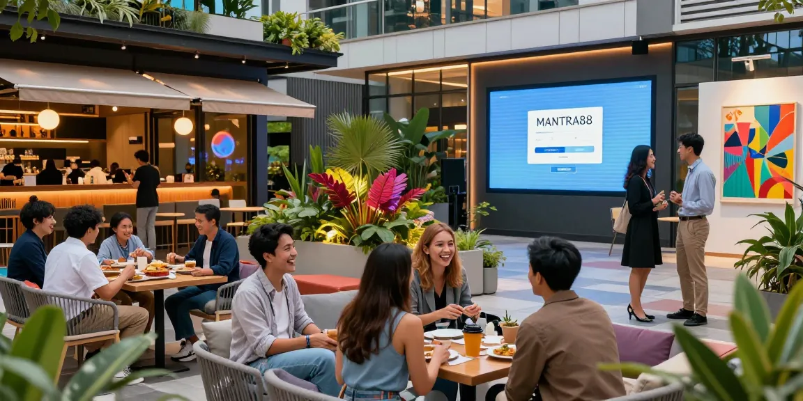 MANTRA88 login interface showcased in a vibrant urban entertainment complex scene.
