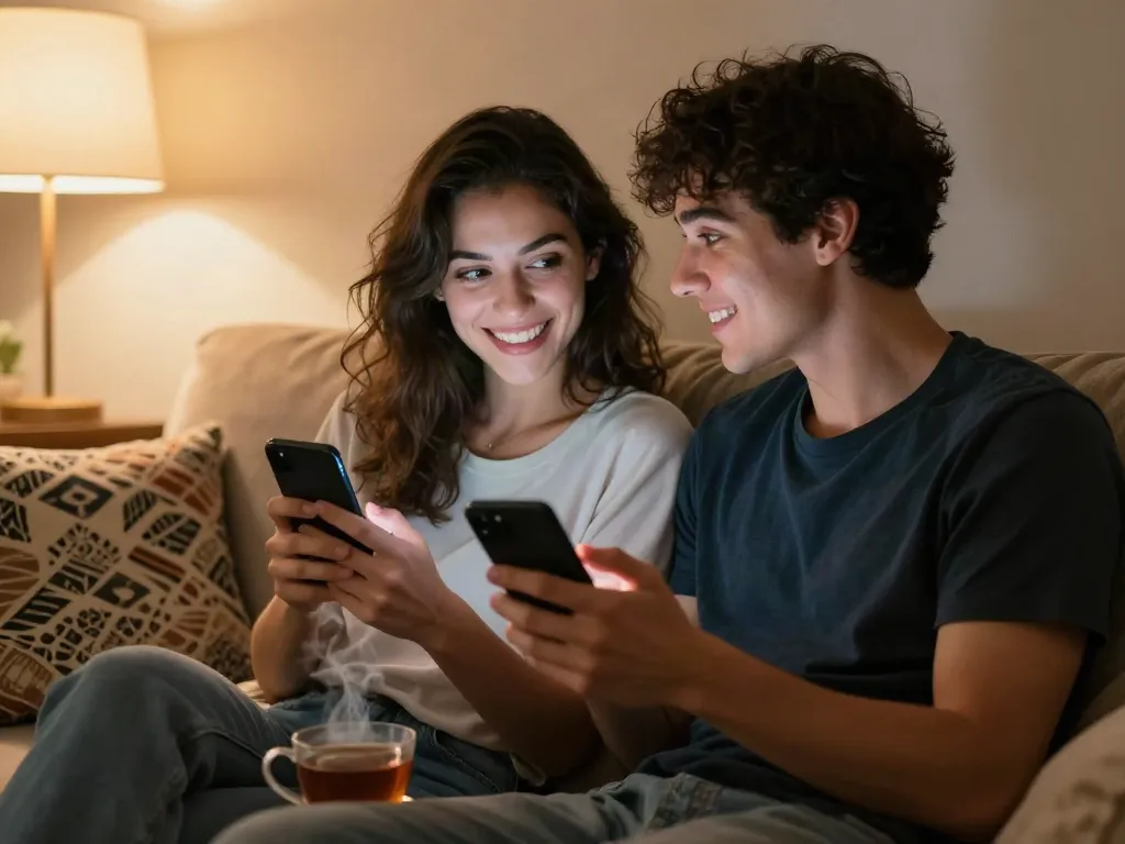 A couple engaging in playful ai sexting on a smartphone, surrounded by a cozy atmosphere.