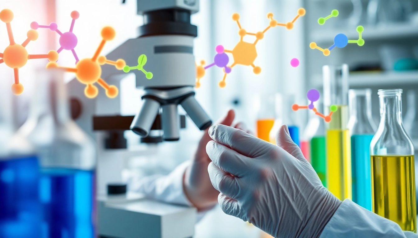 Scientist analyzing peptides in a lab, showcasing vibrant colors and research activity.