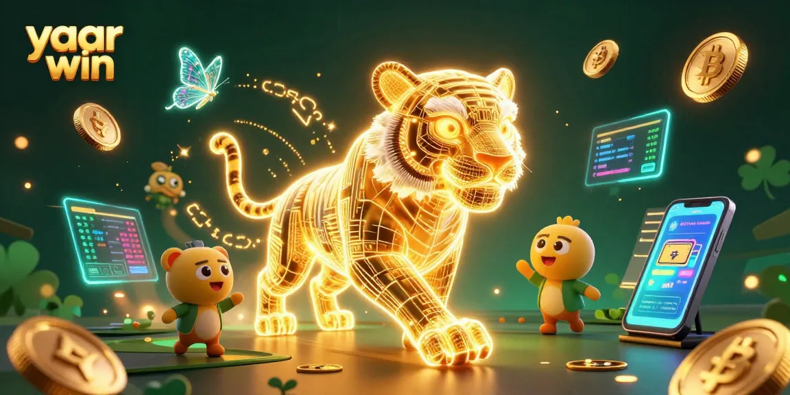Experience yaar win with a vibrant digital landscape featuring a golden tiger and cryptocurrency elements.