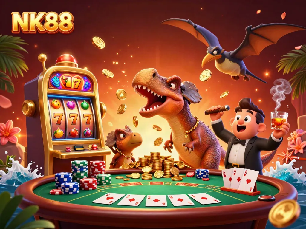 Experience NK88's thrilling jackpot action with vibrant casino elements and dynamic characters.