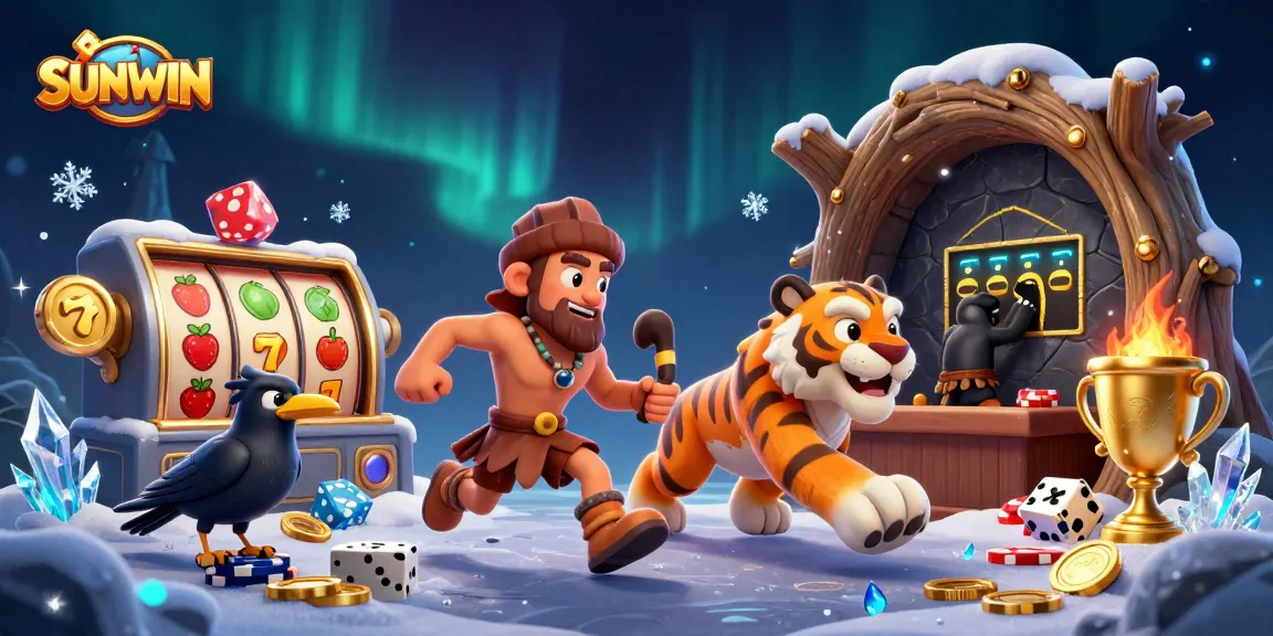 SUNWIN exclusive slot gaming experience with cavemen and a sabertooth in a prehistoric casino.