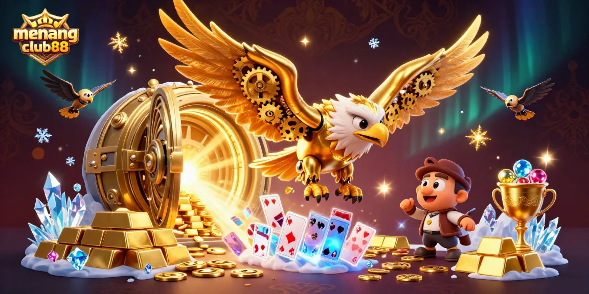 Experience the thrill of menangclub88 as a cybernetic golden eagle dives through holographic cards.
