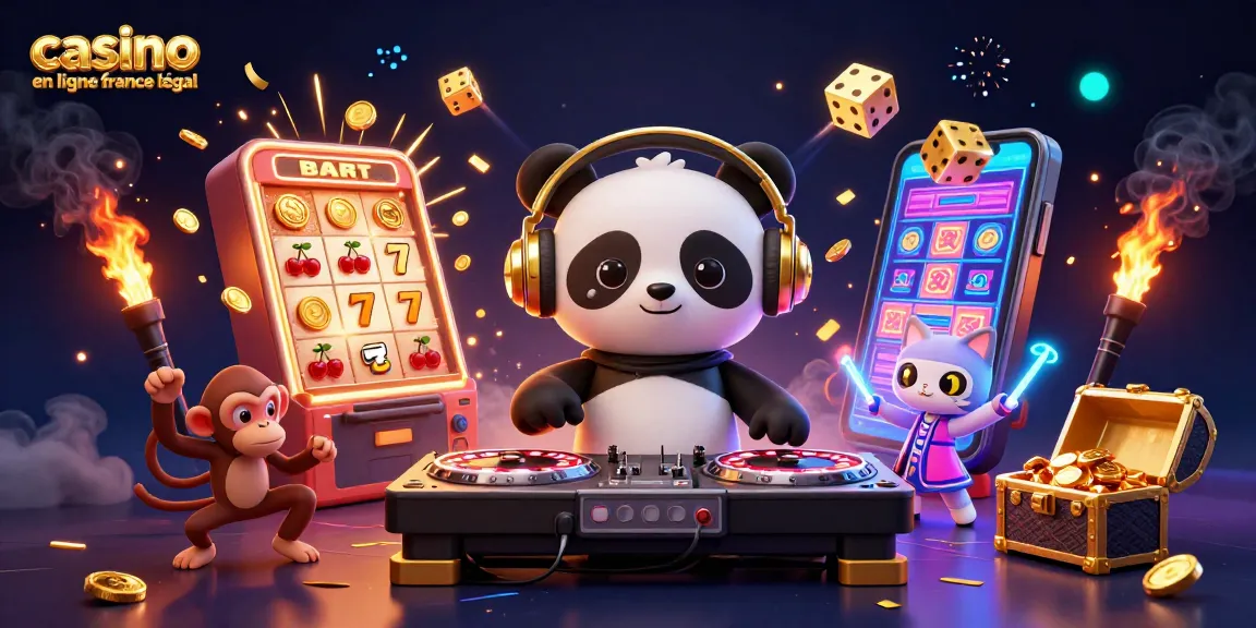 Visuel captivant du casino en ligne France légal avec un panda DJ et des éléments de jackpot colorés