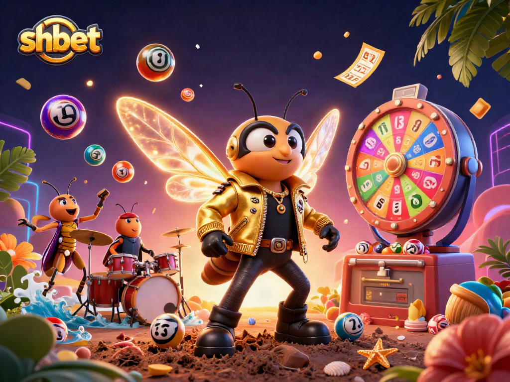 shbet showcases a vibrant lottery scene with dynamic elements and energetic characters.