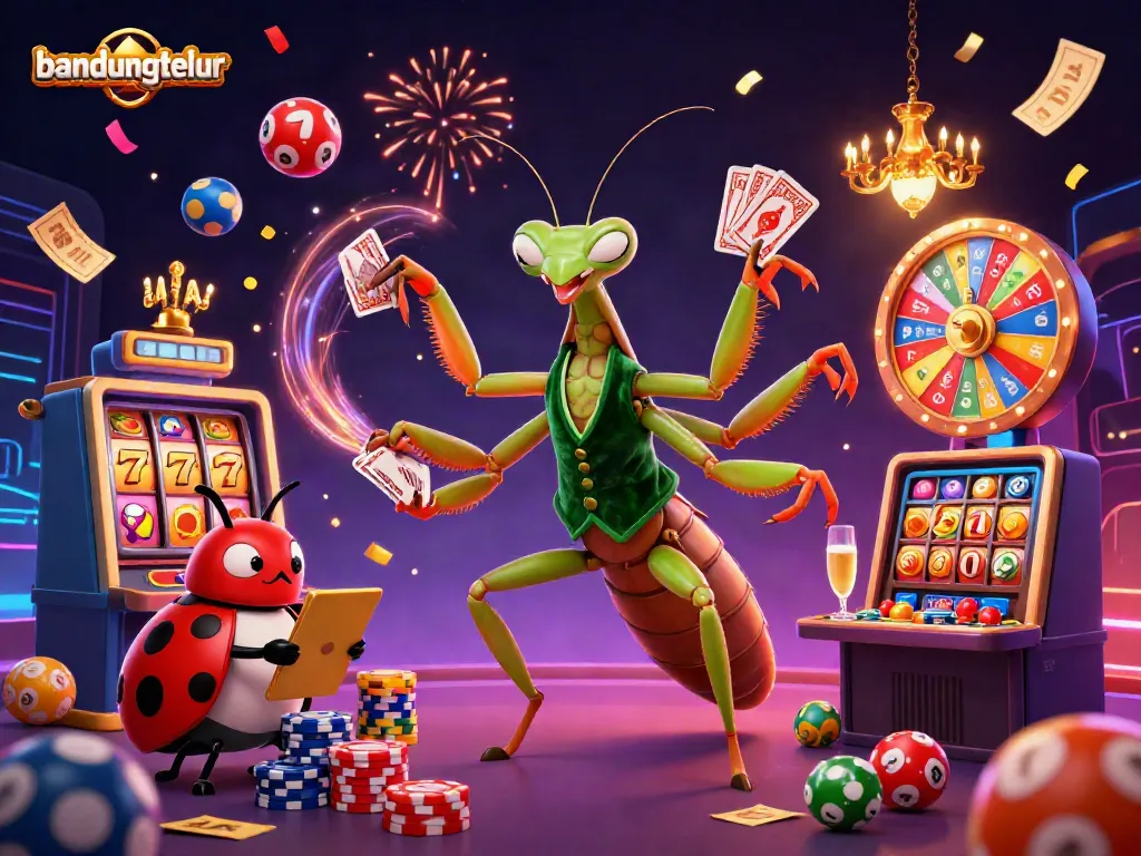 Experience excitement at bandungtelur with dynamic casino elements, colorful lottery balls, and engaging characters.