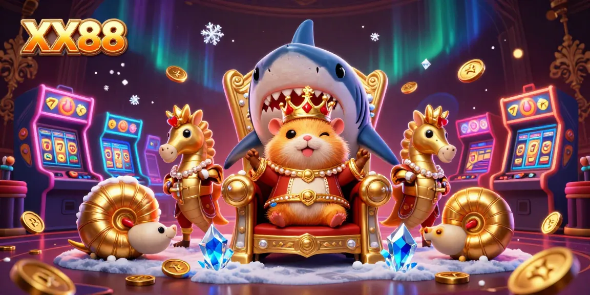 Experience thrilling gaming action with XX88, featuring a golden hamster king on a megalodon throne amidst vibrant casino elements.