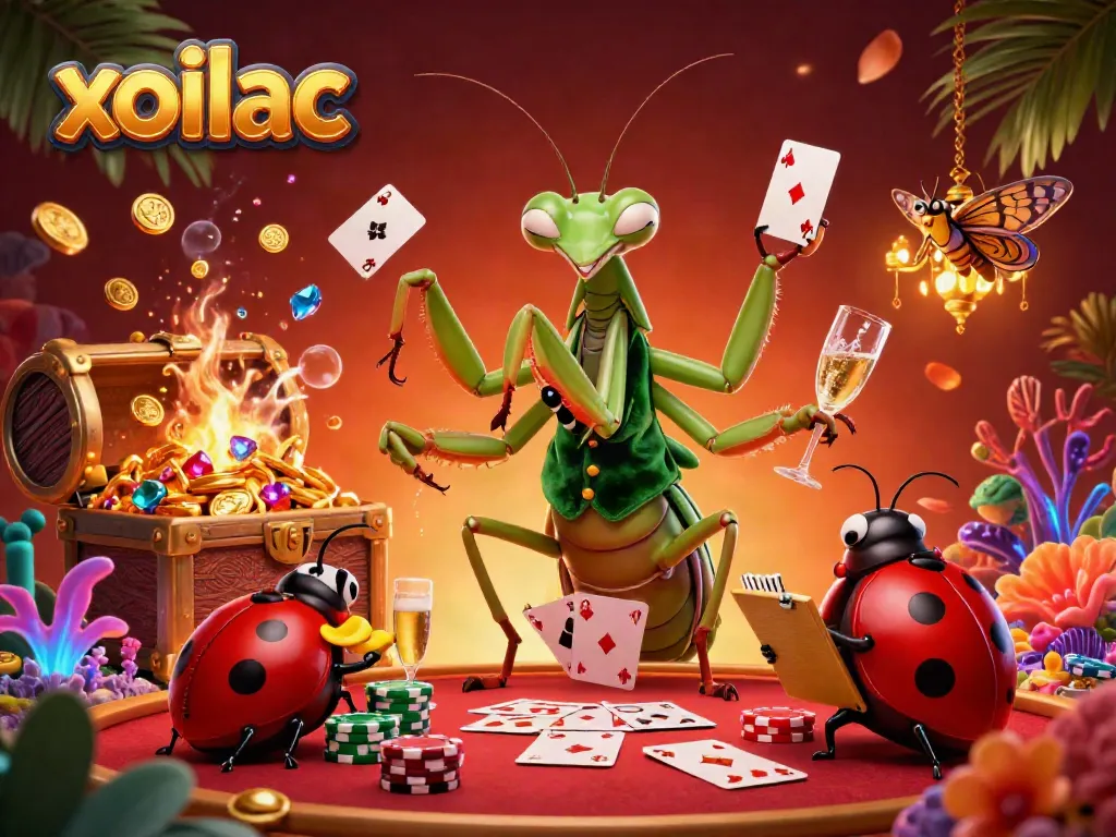Xoilac casino scene featuring a giant praying mantis dealing cards, a ladybug pit boss, and vibrant gambling elements.