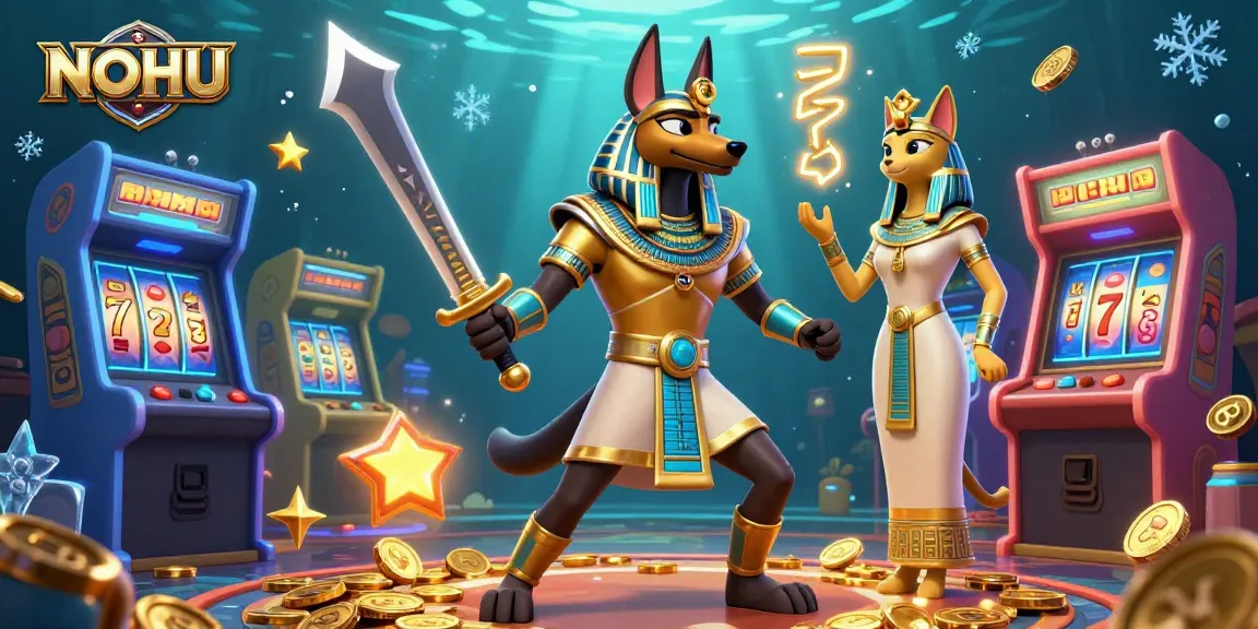 Engage with NOHU's vibrant 3D gaming universe, featuring Anubis and Bastet amidst slot reels and glowing games.