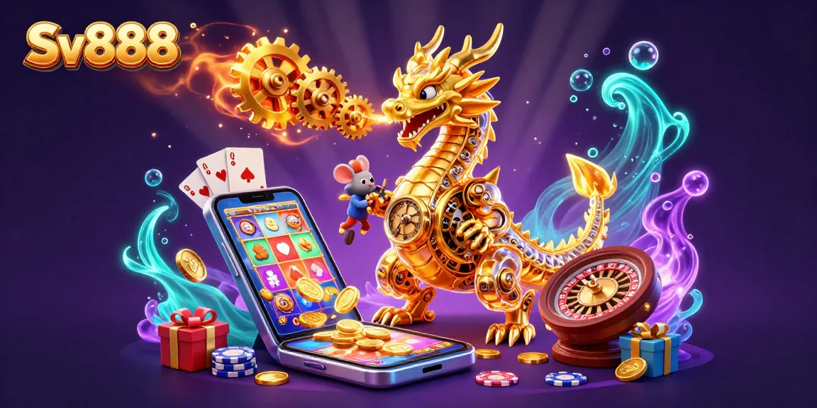 Experience thrilling gaming action at Sv888 with a colorful slot game and golden dragon avatar.
