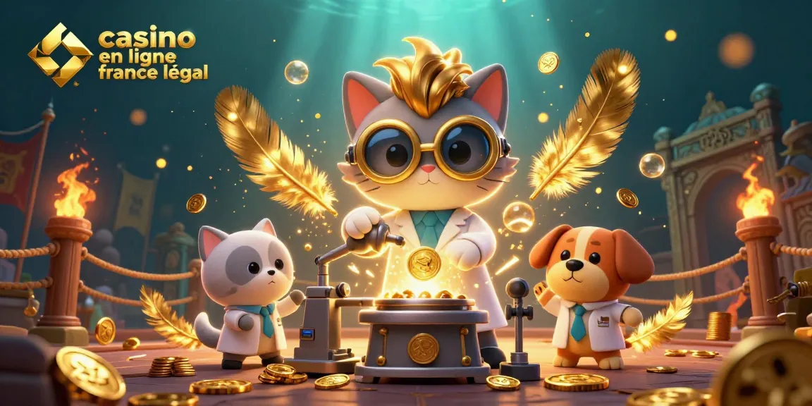 Jouer légalement au casino en ligne en France avec une scène animée de scientifiques créant des machines à pièces d'or.